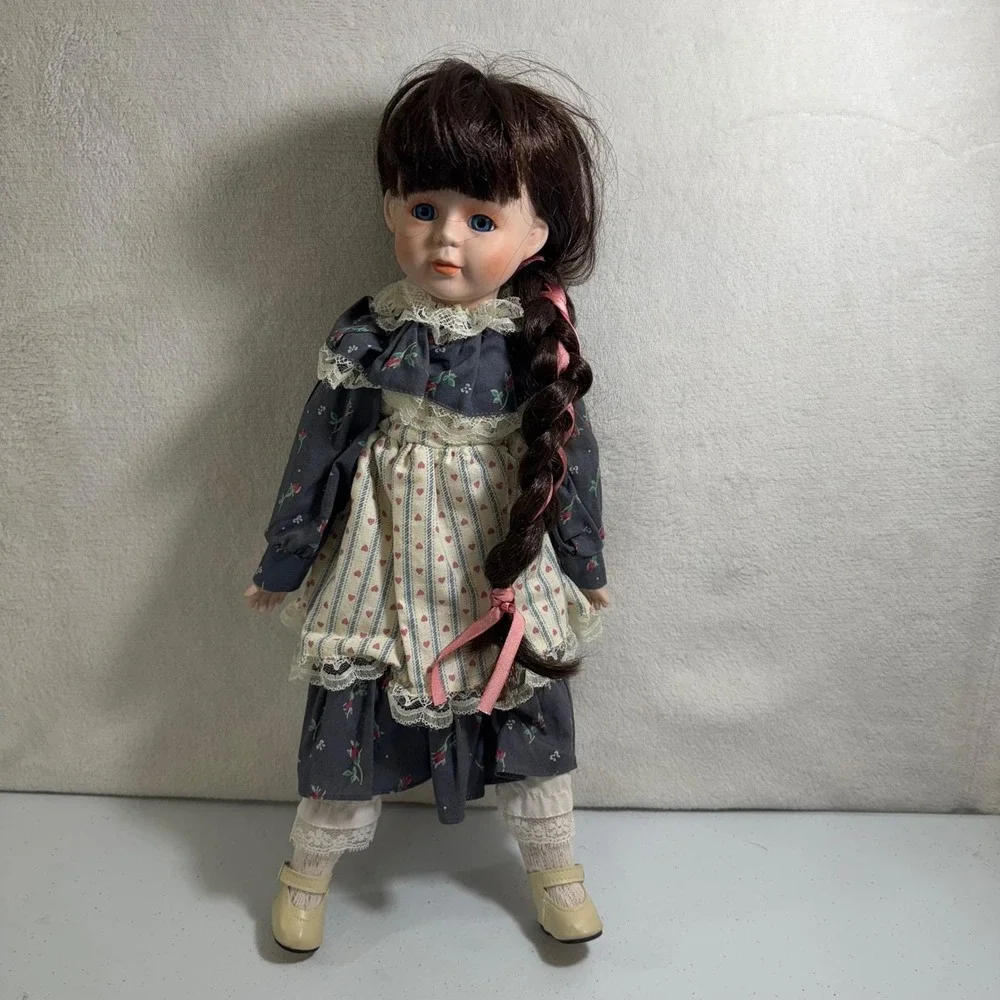 Doll House Porcelain Doll‎ VTG Blue Eyes Braided Hair Floral Dress